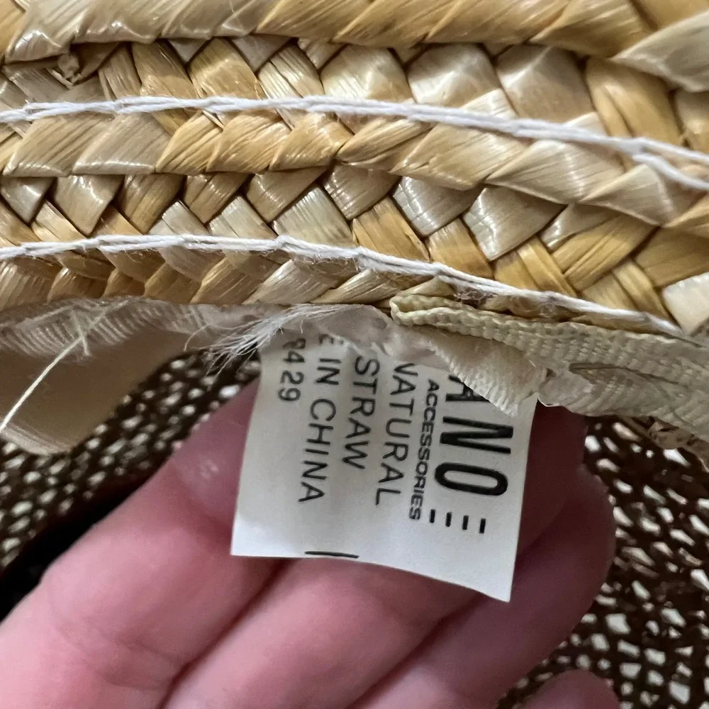 Vintage GitanoCottagecore Natural Straw Sun‎ Hat Floral Print Ribbon Bow Accent